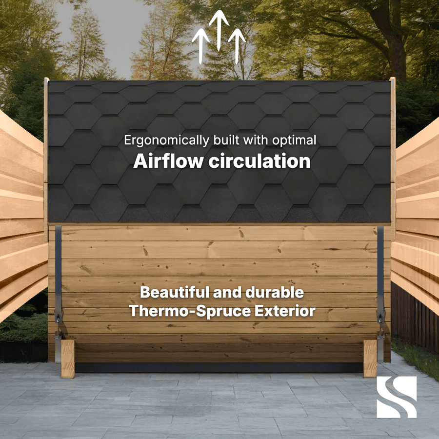The SaunaLife Model E8W 6 Person Sauna Barrel-Window features a shingled roof, airflow circulation, and durable Thermo-Spruce exterior. Set outdoors on a gray stone patio, text highlights its ergonomic design. Brand: SaunaLife.