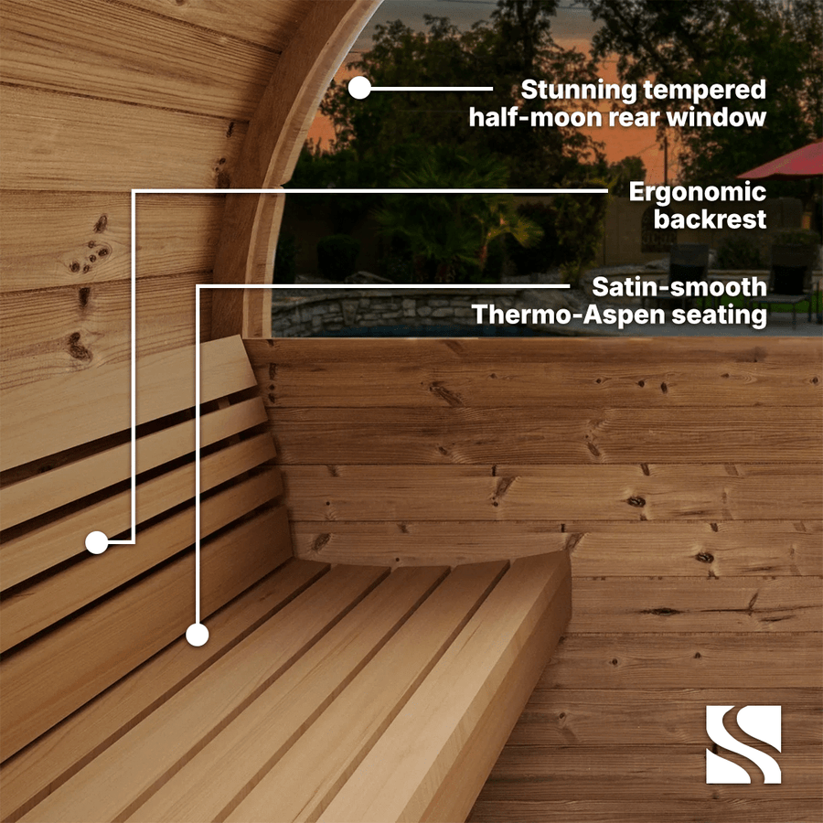 Close-up of the SaunaLife Model E8W 6 Person Sauna Barrel-Window, showcasing a tempered half-moon rear window, ergonomic backrest, and satin-smooth Thermo-Aspen seats. Outdoor scenery is seen through this Thermo-Spruce sauna by SaunaLife.