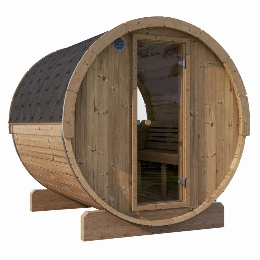 The SaunaLife Model E8W 6 Person Sauna Barrel-Window by SaunaLife features a barrel shape, shingled roof, glass door, wooden benches, and sturdy bases—ideal for creating a unique backyard wellness retreat.