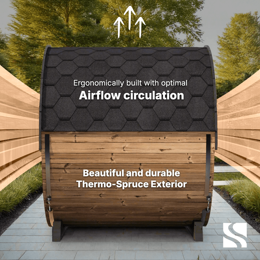 The SaunaLife Model EE6G 4 Person Barrel Sauna features a sleek black roof, making it perfect for creating a cozy home sauna experience.