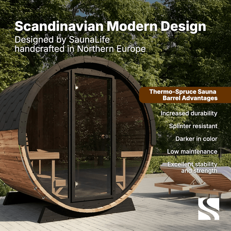 The SaunaLife Model EE6G 4 Person Barrel Sauna, featuring a glass door and Scandinavian design, offers durability and low maintenance—making it the perfect addition to your outdoor home sauna experience.