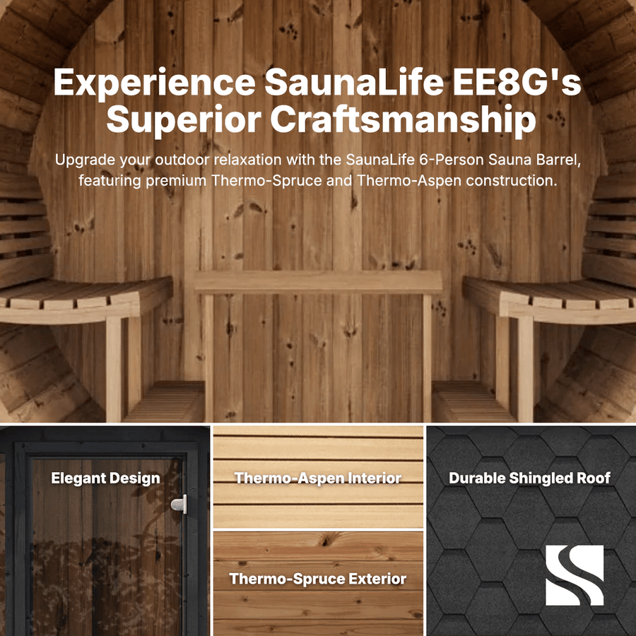 Collage promoting the SaunaLife Model EE6G 4 Person Barrel Sauna by SaunaLife, ideal for home use, highlighting its wooden interior, close-ups of thermo-aspen and thermo-spruce wood, an "Elegant Design" door, and a sturdy shingled roof.