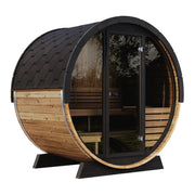 The SaunaLife Model EE6G 4 Person Barrel Sauna by SaunaLife features a shingled roof, glass door, and interior benches on two support bases—the door reflects trees, making it the perfect outdoor home sauna retreat.