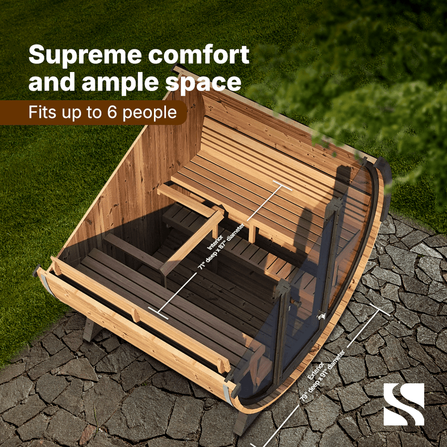 The SaunaLife Model EE8G 6 Person Barrel Sauna features labeled benches and footrests for supreme comfort and ample space. Fits up to 6 people. Paved and grassy areas are visible outside. Brand: SaunaLife.