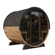 The SaunaLife Model EE8G 6 Person Barrel Sauna features dark roof shingles, glass double doors, and interior wooden benches—perfect for any backyard. This barrel-shaped outdoor sauna by SaunaLife is shown against a white background.