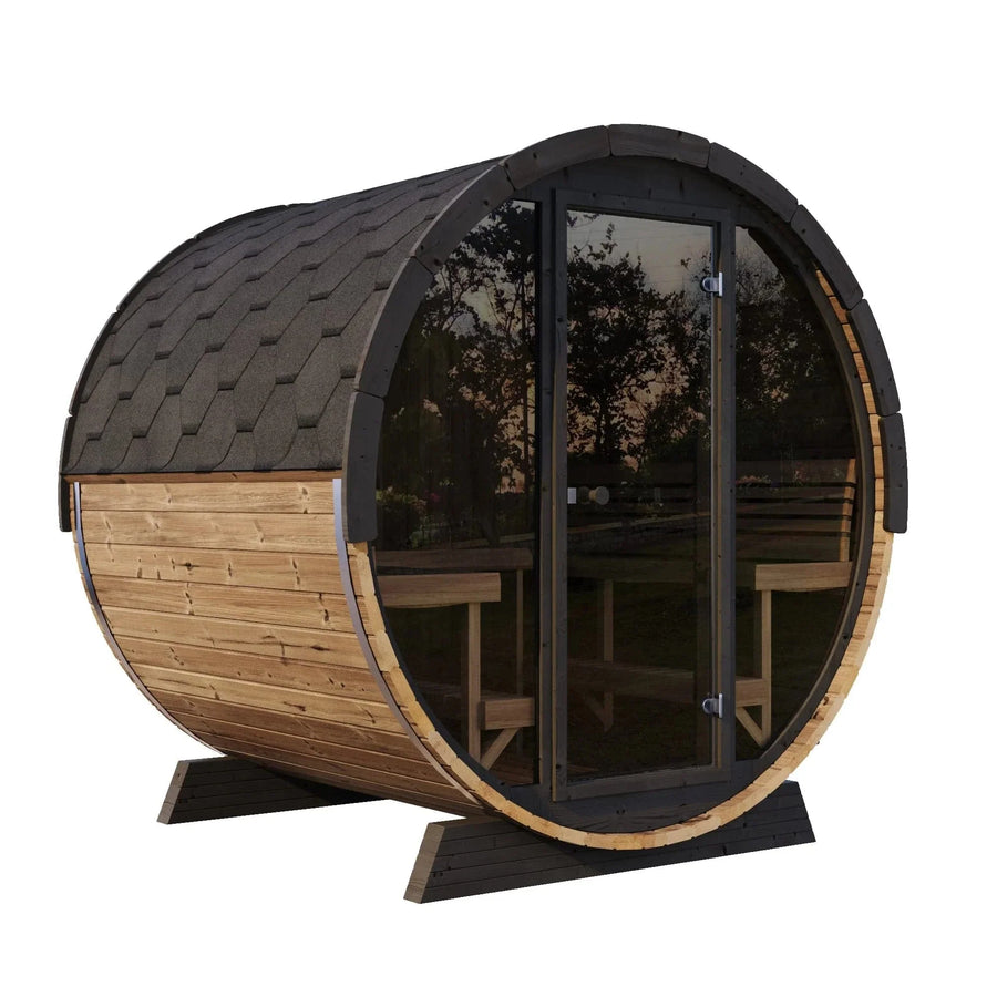 The SaunaLife Model EE8G 6 Person Barrel Sauna features dark roof shingles, glass double doors, and interior wooden benches—perfect for any backyard. This barrel-shaped outdoor sauna by SaunaLife is shown against a white background.