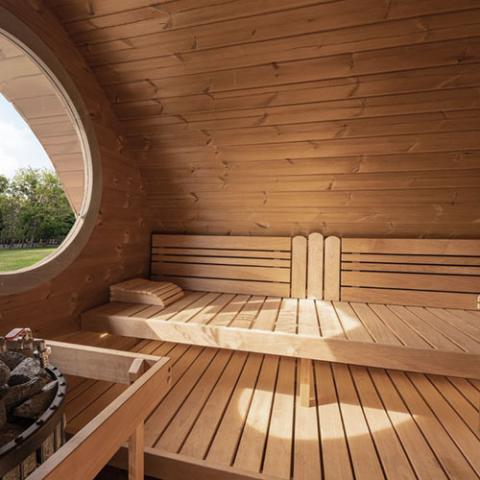The SaunaLife Model G11 Outdoor 8 Person Sauna features a sloped ceiling, circular window, long bench with pillow, and a sauna heater with stones, all illuminated by sunlight highlighting the warm wood tones.