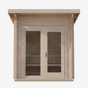 A small, light-toned wooden cabin with a flat roof, double glass doors, and visible bench seating—an inviting retreat, ideal for outdoor relaxation like the SaunaLife G4 6-Person Outdoor Cabin Sauna by SaunaLife.