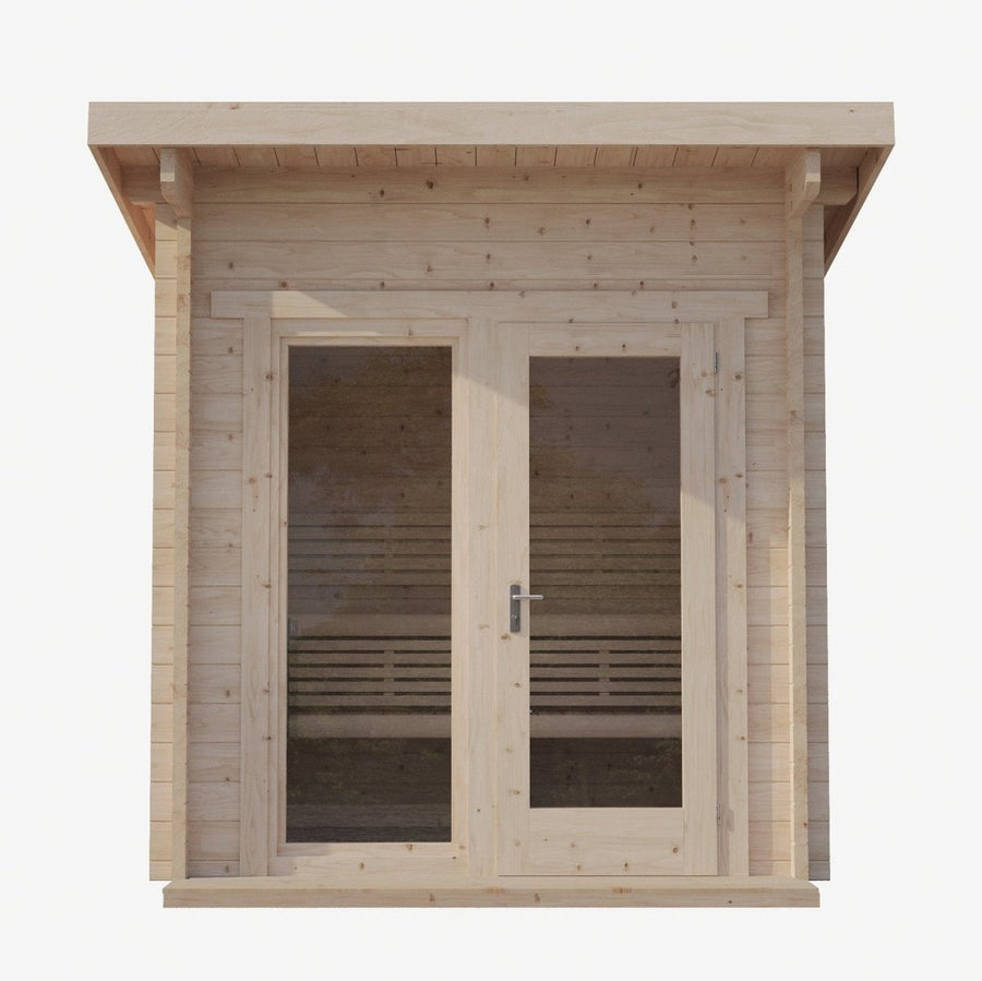 A small, light-toned wooden cabin with a flat roof, double glass doors, and visible bench seating—an inviting retreat, ideal for outdoor relaxation like the SaunaLife G4 6-Person Outdoor Cabin Sauna by SaunaLife.