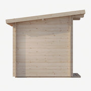 The SaunaLife G4 6-Person Outdoor Cabin Sauna by SaunaLife features a slanted roof and light wood horizontal planks, shown from the side on a white background—ideal for relaxation as an outdoor or home sauna kit.