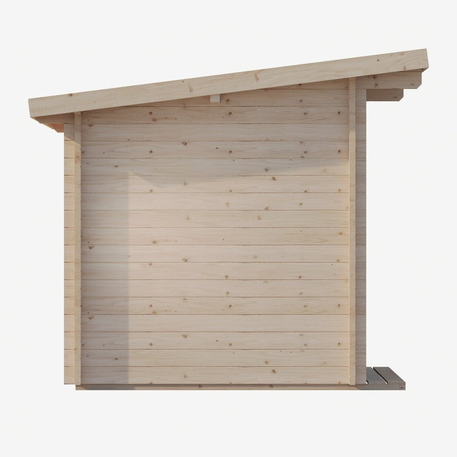 The SaunaLife G4 6-Person Outdoor Cabin Sauna by SaunaLife features a slanted roof and light wood horizontal planks, shown from the side on a white background—ideal for relaxation as an outdoor or home sauna kit.