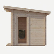 A compact wooden shed with light horizontal planks, a slanted roof, and a tall windowed door resembling the SaunaLife G4 6-Person Outdoor Cabin Sauna by SaunaLife.
