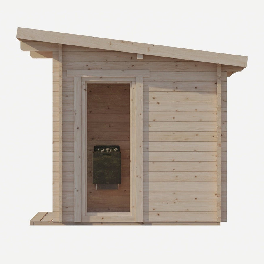 A compact wooden shed with light horizontal planks, a slanted roof, and a tall windowed door resembling the SaunaLife G4 6-Person Outdoor Cabin Sauna by SaunaLife.