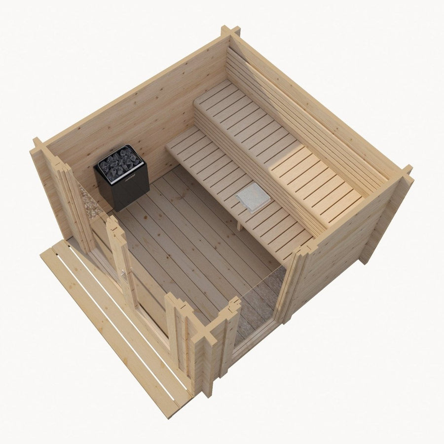 3D rendering of the SaunaLife G4 6-Person Outdoor Cabin Sauna showcases two-tiered benches, a corner rock heater, wooden flooring, and steps leading to an inviting open doorway—a perfect addition to your home sauna kit setup.