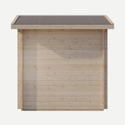 The SaunaLife G4 6-Person Outdoor Cabin Sauna by SaunaLife features a sleek wood exterior with horizontal planks and a flat, dark roof, shown front-facing on a white background—perfect as an outdoor sauna or home sauna kit.