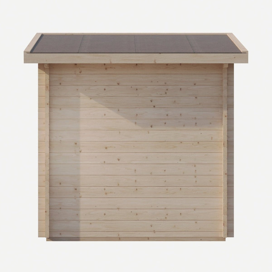 The SaunaLife G4 6-Person Outdoor Cabin Sauna by SaunaLife features a sleek wood exterior with horizontal planks and a flat, dark roof, shown front-facing on a white background—perfect as an outdoor sauna or home sauna kit.