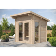 A stylish wooden garden shed with large glass doors and windows sits on a patio among greenery—ideal for installing the SaunaLife G4 6-Person Outdoor Cabin Sauna by SaunaLife to enjoy a relaxing home sauna experience under the open sky.