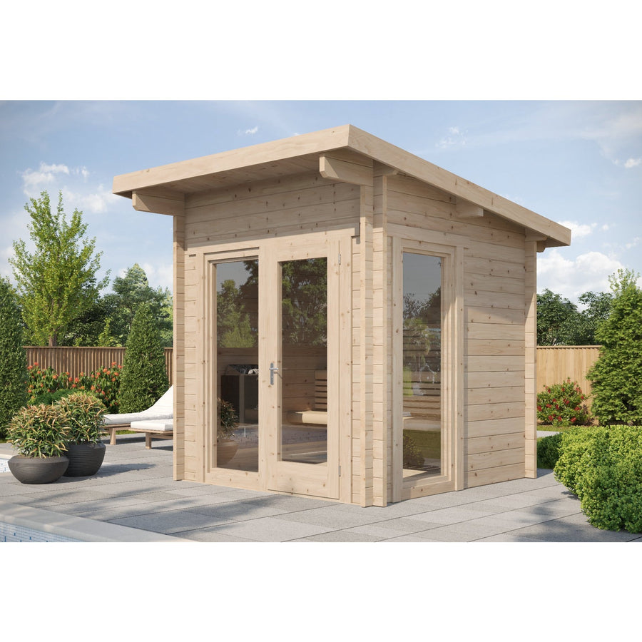 A stylish wooden garden shed with large glass doors and windows sits on a patio among greenery—ideal for installing the SaunaLife G4 6-Person Outdoor Cabin Sauna by SaunaLife to enjoy a relaxing home sauna experience under the open sky.