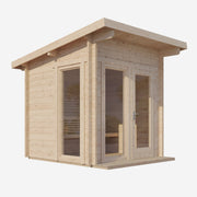 The SaunaLife G4 6-Person Outdoor Cabin Sauna by SaunaLife features a sleek, modern wooden design with a slanted roof, large glass doors, and tall windows—ideal for use as an outdoor or home sauna kit. Shown against a plain white background.