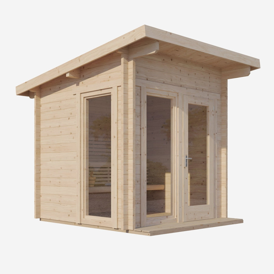 The SaunaLife G4 6-Person Outdoor Cabin Sauna by SaunaLife features a sleek, modern wooden design with a slanted roof, large glass doors, and tall windows—ideal for use as an outdoor or home sauna kit. Shown against a plain white background.