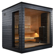 The SaunaLife G6 5-Person Outdoor Cabin Sauna by SaunaLife features a dark wood exterior, floor-to-ceiling glass window, minimalist interior with wooden benches, and warm lighting—an ideal luxury outdoor sauna retreat.