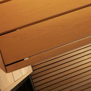 Close-up of light wood drawers and slatted panels in the SaunaLife G6 5-Person Outdoor Cabin Sauna, showcasing its modern minimalist style, natural grain, and expert craftsmanship by SaunaLife.