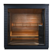The SaunaLife G6 5-Person Outdoor Cabin Sauna by SaunaLife features a modern design with a large glass front, light wood interior, two benches, a right-side stone heater, and gentle warm lighting for a luxurious outdoor experience.