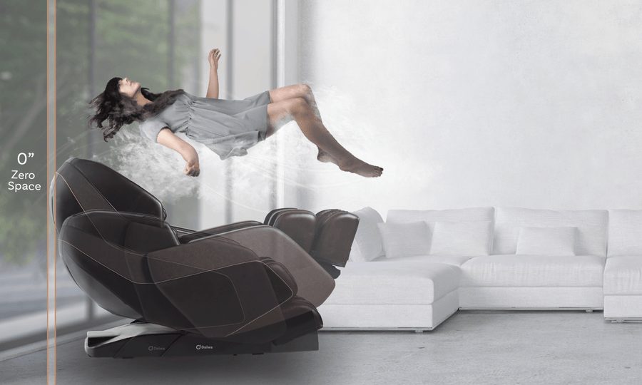 A woman in a gray dress appears to float above the Daiwa Hubble Massage Chair by Daiwa, a sleek wall-hugger in a modern living room with large windows, evoking weightlessness and relaxation. "0” Zero Space" is displayed on the left.