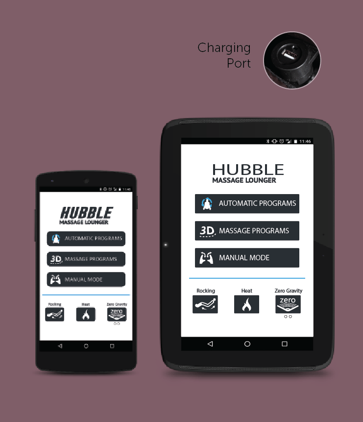 Two mobile devices show the Daiwa Hubble Massage Chair app, featuring automatic programs, 3D and airbag massage. A circular inset highlights the wall-hugger chair’s charging port. Mauve background; Brand: Daiwa, Product: Hubble Massage Chair.
