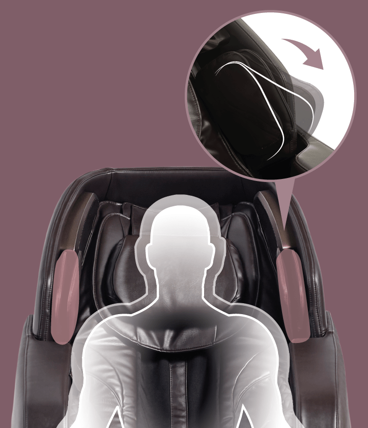 The Daiwa Hubble Massage Chair by Daiwa showcases highlighted armrest areas and a close-up inset of the airbag massage interior padding, illustrating the function and location of its armrests.