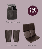 Set of dark brown Daiwa accessories on a mauve background: remote pocket, foot pads, and foldable 3/4" chair pad—ideal for upgrading your Daiwa Hubble Massage Chair experience.
