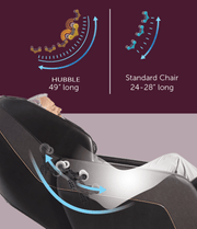 A man relaxes in the Daiwa Hubble Massage Chair by Daiwa. Above, diagrams compare massage coverage: Hubble’s 49" track (long blue arrow) versus a Standard Chair’s 24-28" track (shorter arrow), highlighting its space-saving wall-hugger design.
