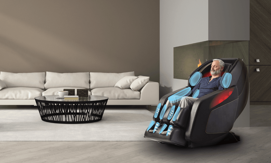 An older man relaxes in a Daiwa Hubble Massage Chair by Daiwa, featuring glowing blue massage points and advanced airbag massage, in a modern living room with a white sofa, round coffee table, and built-in fireplace.