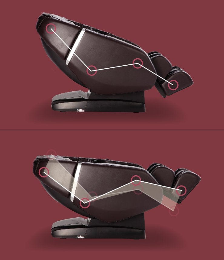 Two Daiwa Majesty Massage Chairs by Daiwa in dark brown appear against a maroon background, with white lines and circles illustrating the full-body support and multiple recline angles in two different seating positions.