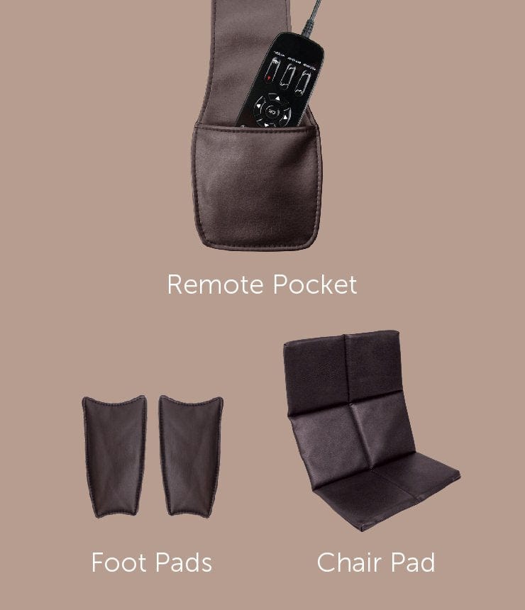 The Daiwa Majesty Massage Chair by Daiwa, inspired by full-body chair designs, features a remote in a pocket, two separate foot pads, and a foldable chair pad, all shown on a plain beige background.