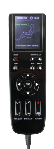 A black Daiwa handheld remote for the Majesty Massage Chair displays REFRESH and a seated figure on its screen, with buttons and switches for power, adjustments, massage modes, and 3D body scan tech.