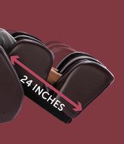 A close-up of two linked brown leather armrests on the Daiwa Majesty Massage Chair shows an arrow and “24 INCHES” between them, highlighting its width, set against a maroon background.