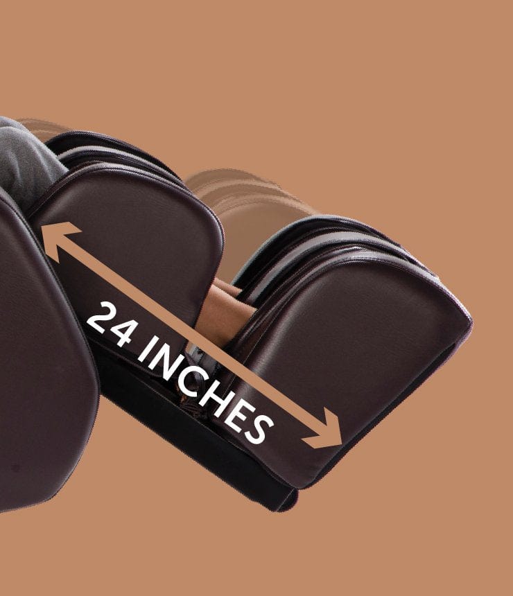 A side view of two brown upholstered seats, like those on the Daiwa Orbit 3D Massage Chair by Daiwa, with an arrow labeled 24 inches showing the distance between armrests for whole-body wellness.
