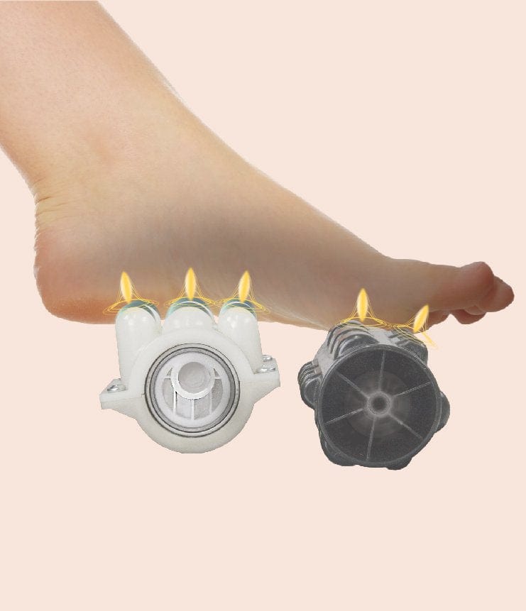 A bare foot appears above two glowing massage rollers, highlighting the soothing benefits of the Daiwa Orbit 3D Massage Chair by Daiwa for whole-body wellness. The scene features a simple, light background.