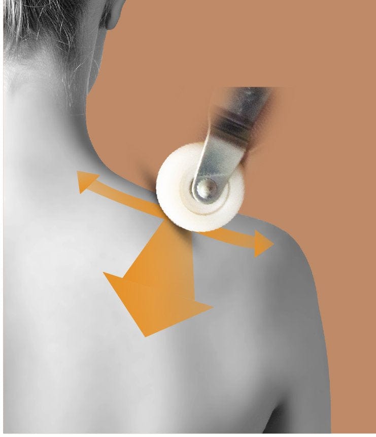 Orange arrows show a spiked massage roller moving across a bare upper back, evoking the rejuvenating whole-body wellness experience provided by the Daiwa Orbit 3D Massage Chair by Daiwa.
