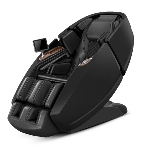 The Daiwa Supreme Hybrid Massage Chair by Daiwa is a modern black chair with an L-shaped massage track, reclining design, cushioned leg, arm and back sections, plus a small touchscreen control panel on the armrest.