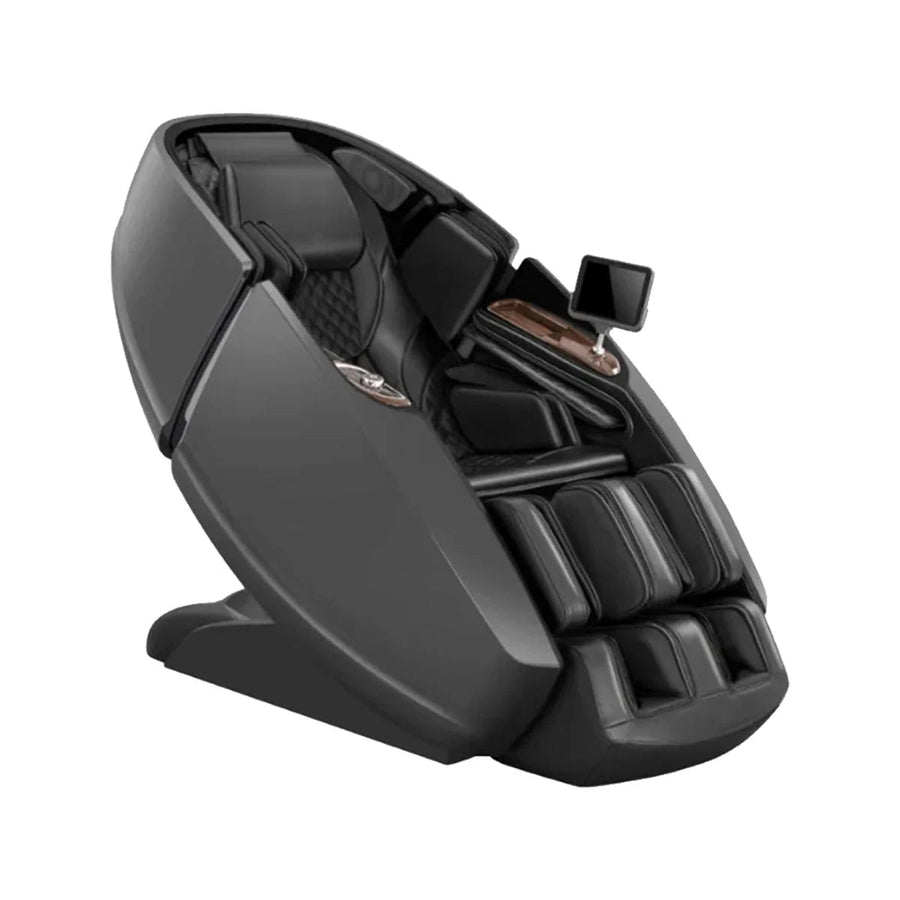 The Daiwa Supreme Hybrid Massage Chair by Daiwa features a modern black L-shaped massage track, sleek design, padded seat, armrests, and built-in control panel, shown isolated on a white background.