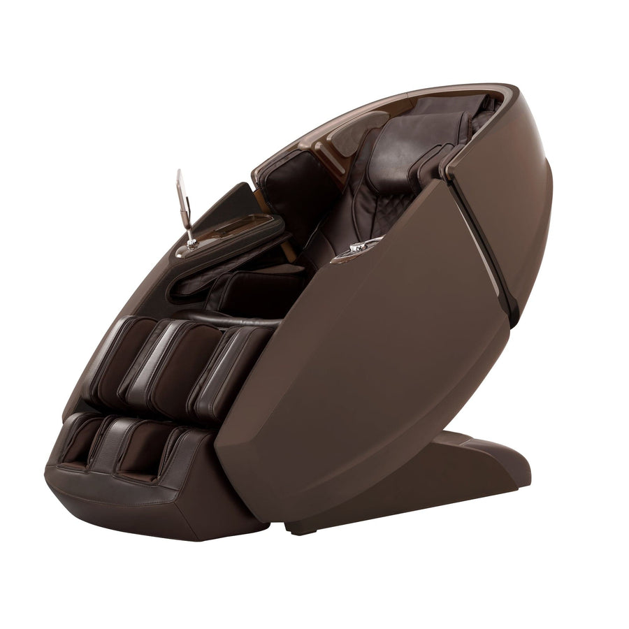 The Daiwa Supreme Hybrid Massage Chair by Daiwa is a modern, dark brown chair with a sleek, enclosed design, L-shaped massage track, padded seat, leg and arm rests, and a built-in left-arm control panel.