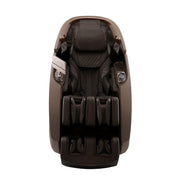The Daiwa Supreme Hybrid Massage Chair by Daiwa is a modern, dark brown chair with an L-shaped massage track, padded arm, leg, and foot rests, multiple cushions, and a built-in control panel, shown from the front.