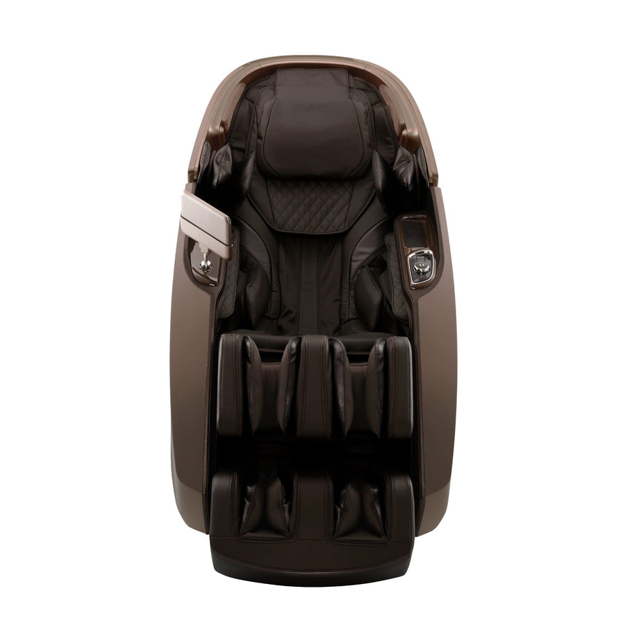 The Daiwa Supreme Hybrid Massage Chair by Daiwa is a modern, dark brown chair with an L-shaped massage track, padded arm, leg, and foot rests, multiple cushions, and a built-in control panel, shown from the front.