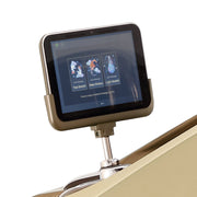 A touchscreen display on a stand shows three illustrated massage options—Thai Stretch, Deep Shiatsu, and Light Stretch—highlighting the Daiwa Supreme Hybrid Massage Chair's L-shaped track. Brand: Daiwa. White background.