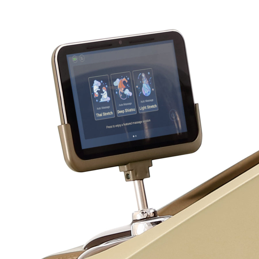 A touchscreen display on a stand shows three illustrated massage options—Thai Stretch, Deep Shiatsu, and Light Stretch—highlighting the Daiwa Supreme Hybrid Massage Chair's L-shaped track. Brand: Daiwa. White background.