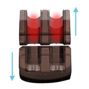 The Daiwa Supreme Hybrid Massage Chair by Daiwa features a transparent design revealing its inner workings, with red light accentuating the center and blue arrows showing vertical movement of adjustable sections, similar to an inversion stretch chair.