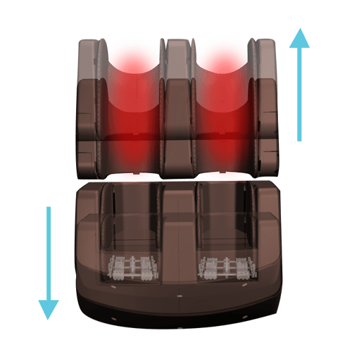 The Daiwa Supreme Hybrid Massage Chair by Daiwa features a transparent design revealing its inner workings, with red light accentuating the center and blue arrows showing vertical movement of adjustable sections, similar to an inversion stretch chair.