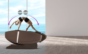 A woman in athletic wear performs a backbend on a Daiwa Supreme Hybrid Massage Chair in a minimalist room with large windows, ocean views outside, and purple arrows above her illustrating motion.